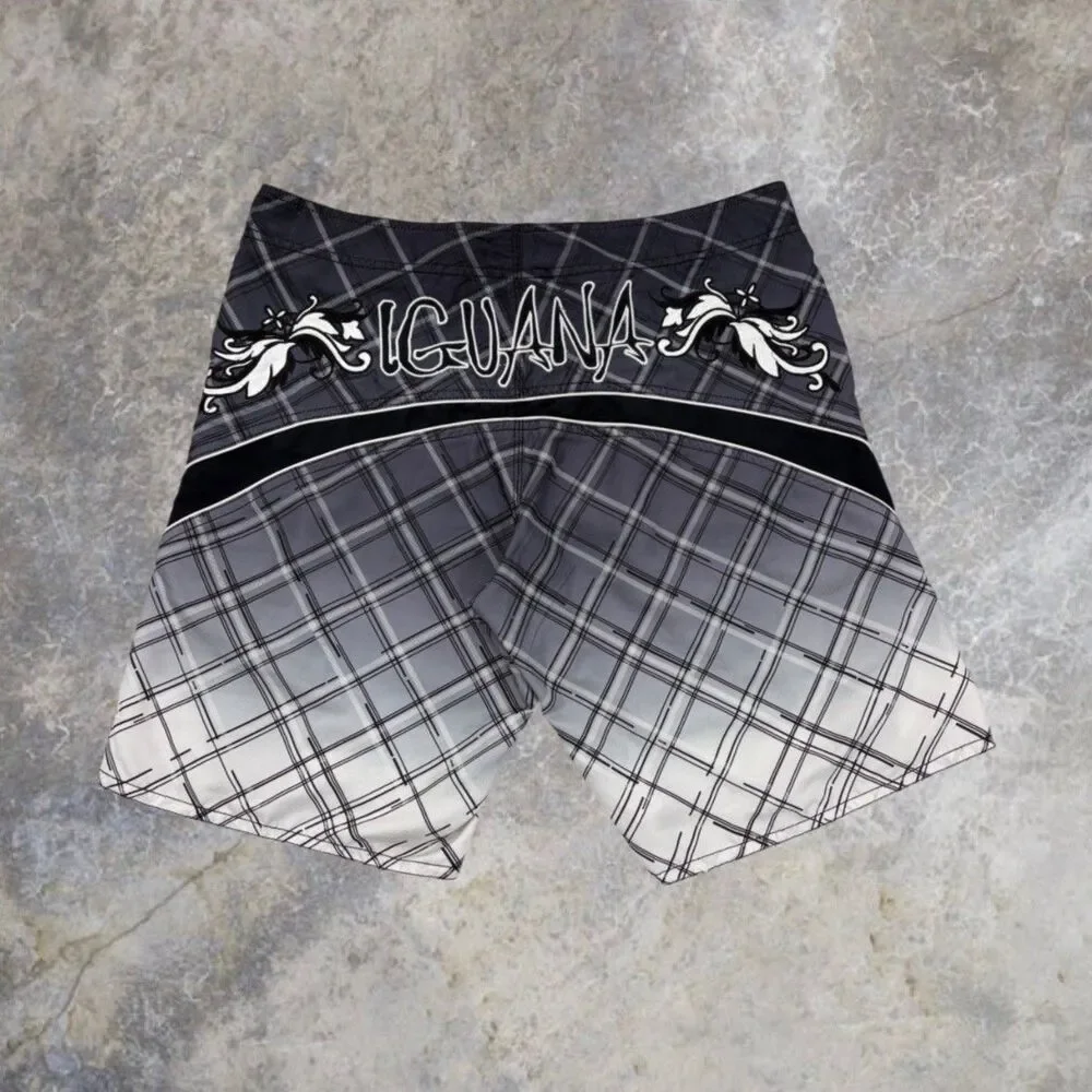 Y2K Iguana Lifewear Board Shorts Mens L Gray Plaid Floral Surf Swim Buckle